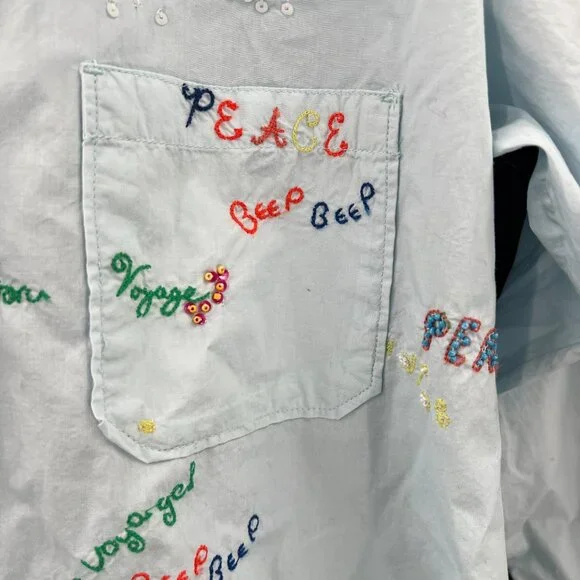 Maeve Anthropologie top Blue Bon Voyage Clarissa Button Down embroidered shirt 2 - Picture 6 of 15